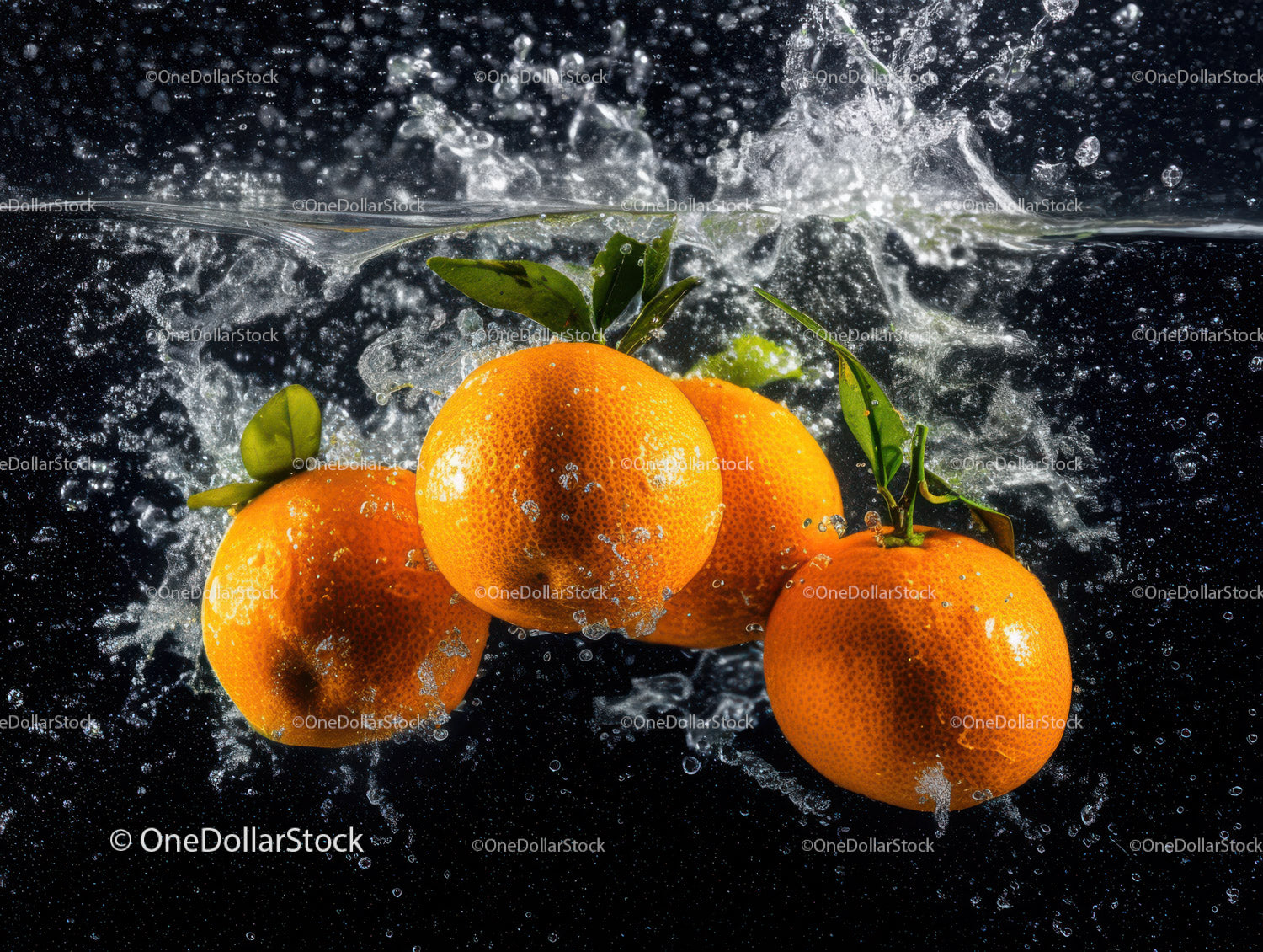 Fresh Orange Citrus Fruits Splashing into Water with Bubbles
