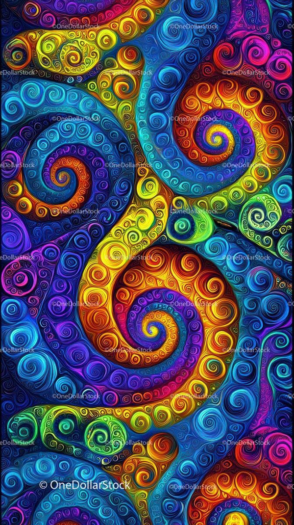 Vibrant Spiral Abstract Art with Bright Colors and Swirling Patterns