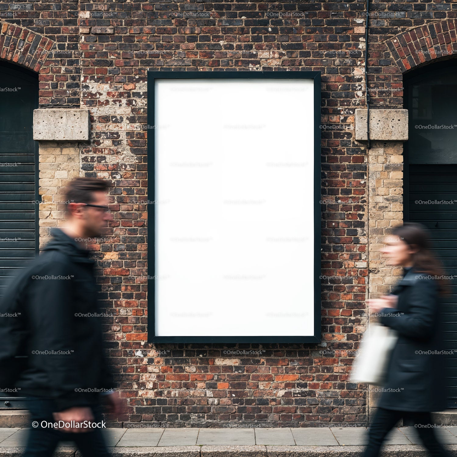 Blank Urban Billboard on Brick Wall with Passing Pedestrians