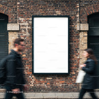 Blank Urban Billboard on Brick Wall with Passing Pedestrians