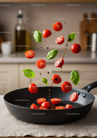 Fresh cherry tomatoes and basil leaves falling into pan
