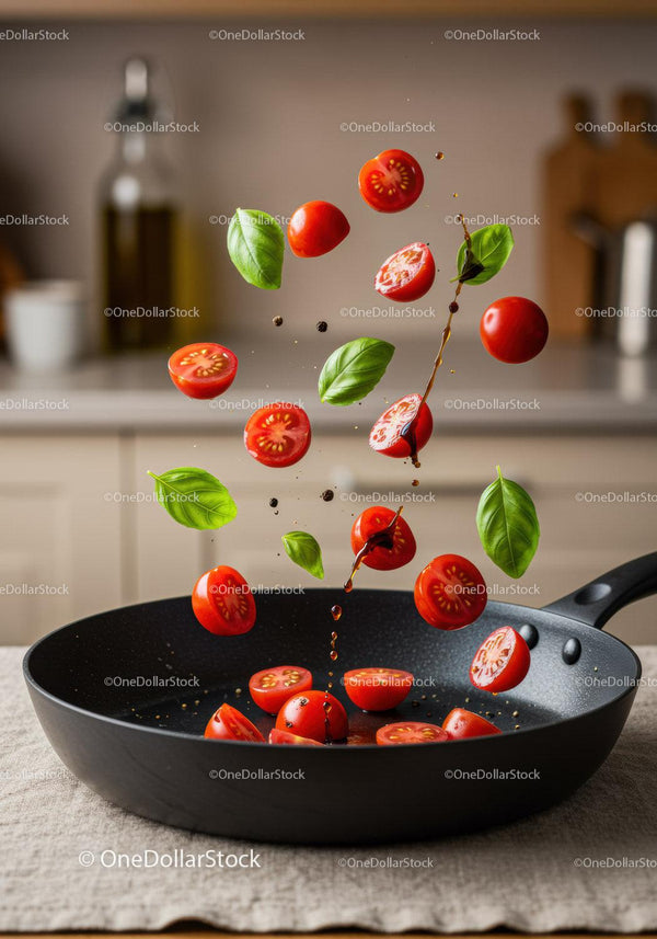 Fresh cherry tomatoes and basil leaves falling into pan