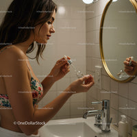 Woman Applying Skincare Dropper in Bathroom Vanity