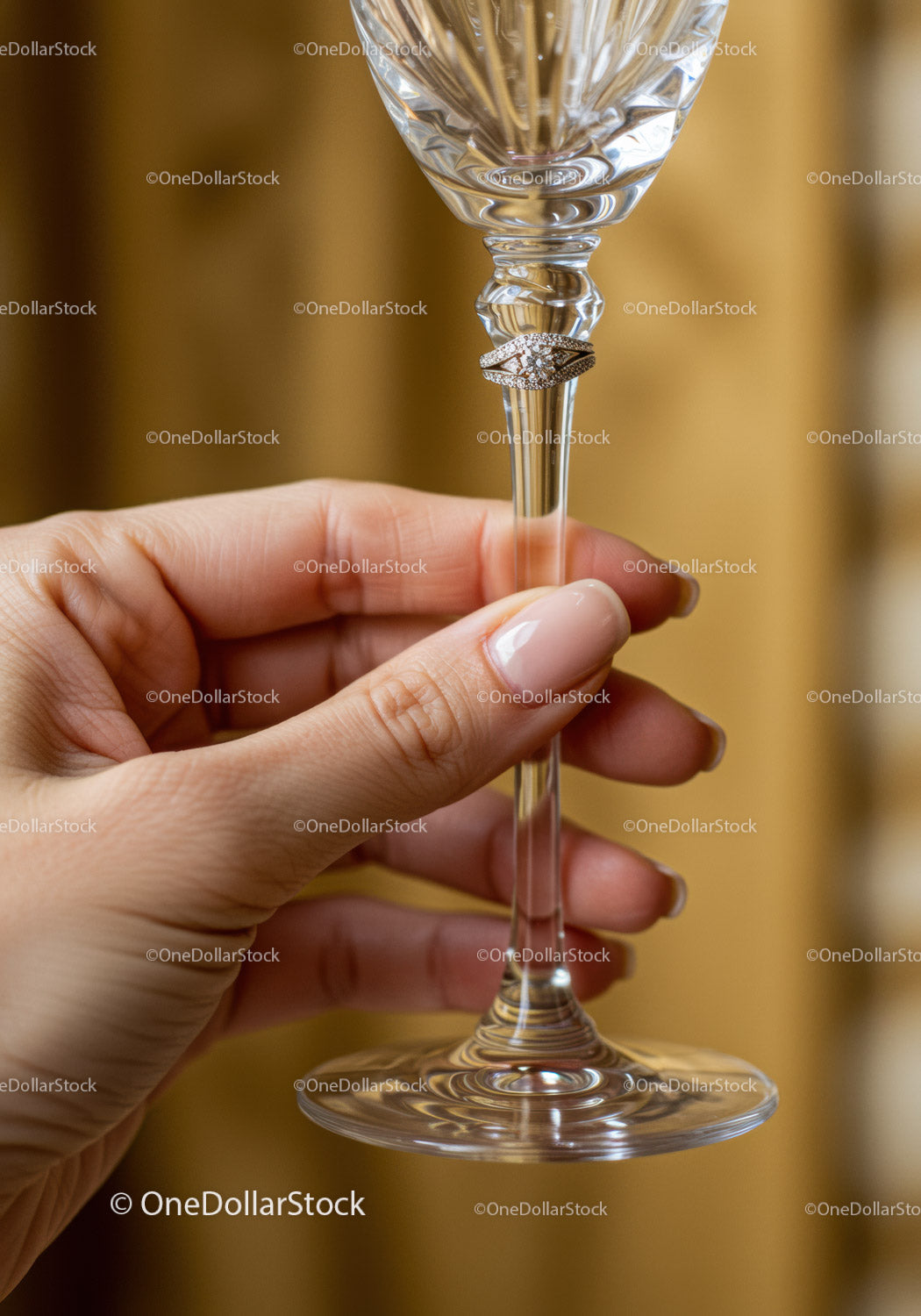 Elegant hand holding wine glass with diamond ring detail