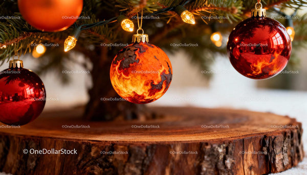 Festive Christmas ornaments on rustic wooden stand