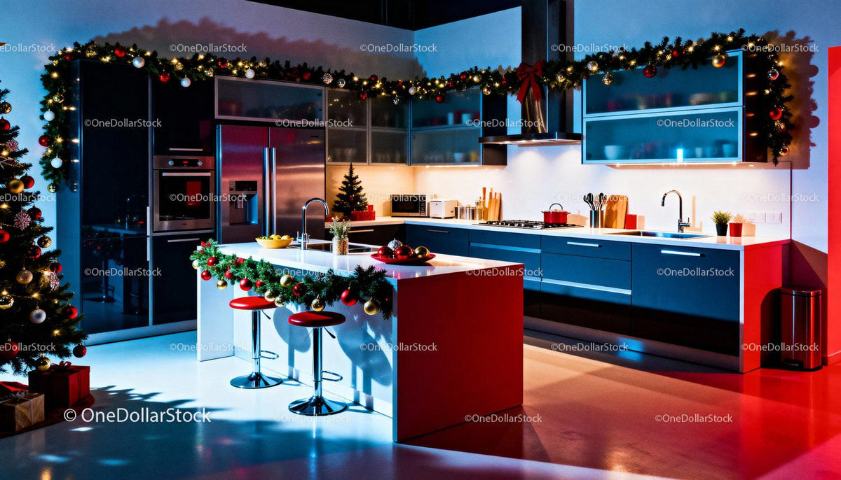 Modern kitchen decorated for cozy Christmas celebration