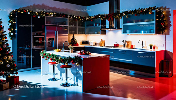 Modern kitchen decorated for cozy Christmas celebration