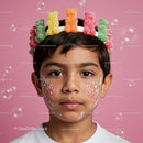 Child Wearing Gummy Bear Crown with Face Paint