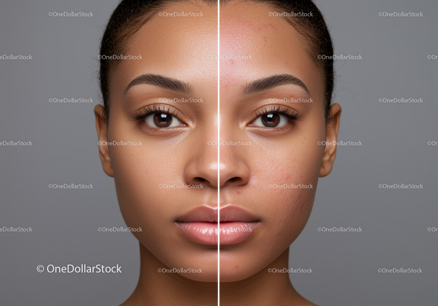 Close-Up of Young Woman's Face Showing Before and After Skincare Treatment