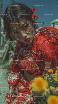 Vivid Portrait of Young Woman in Red Floral Kimono in Outdoors