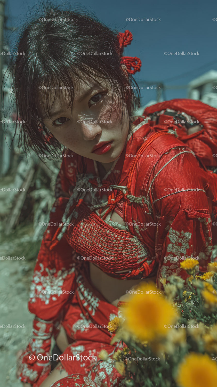 Vivid Portrait of Young Woman in Red Floral Kimono in Outdoors