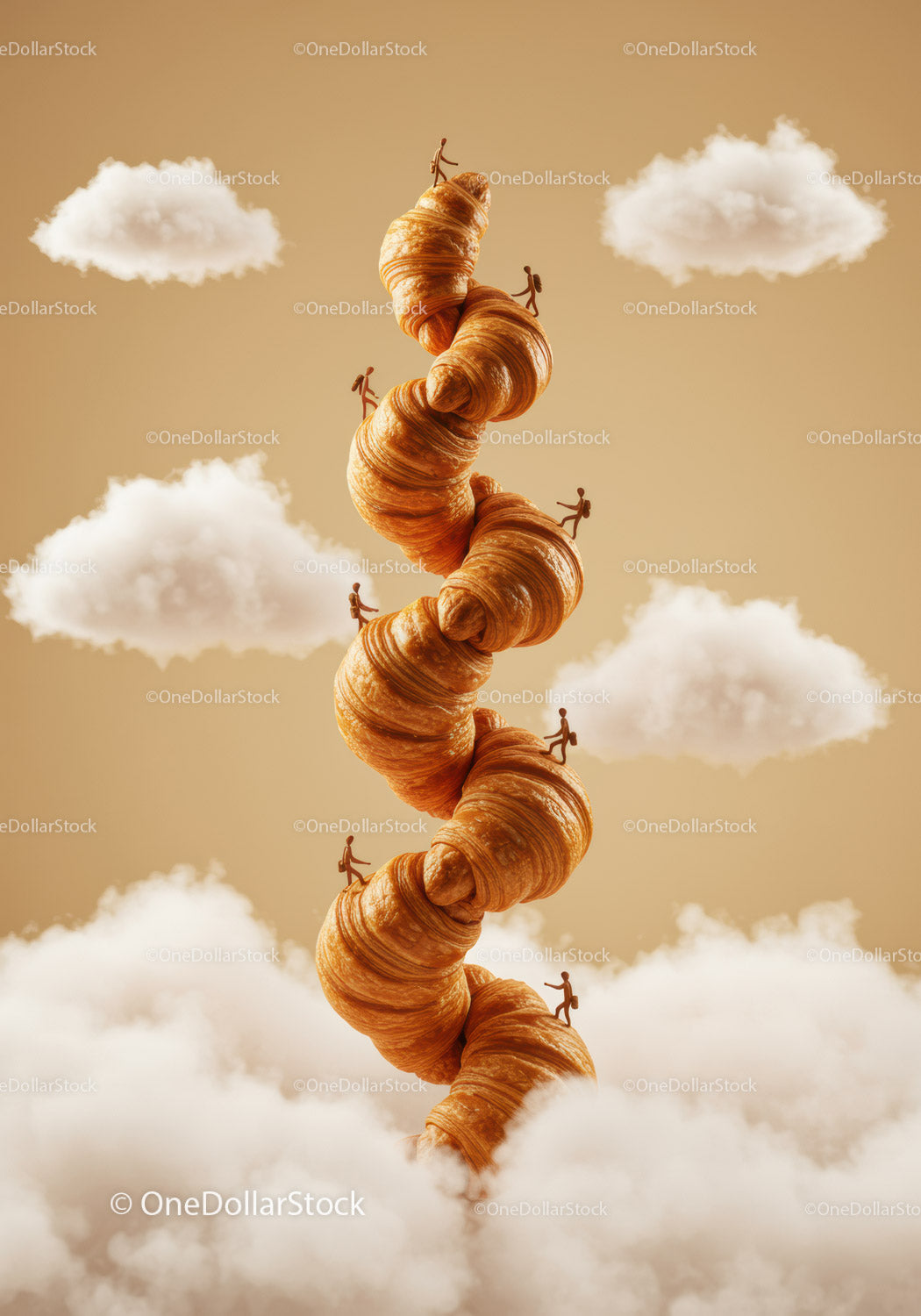 Tiny figures climbing a towering stack of croissants