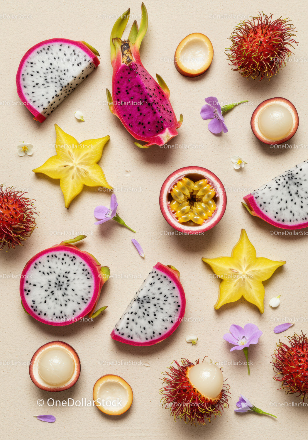Variety of Exotic Tropical Fruits on Neutral Background