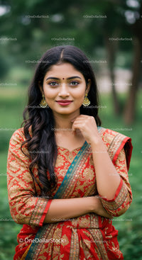 Elegant Indian Woman in Red Sari with Jewelry Outdoors
