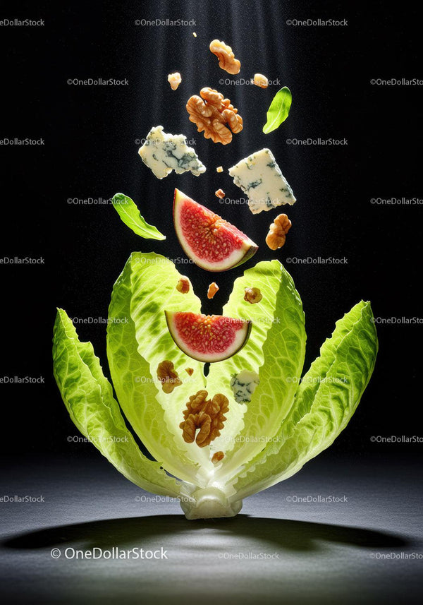 Fresh Fig Salad Ingredients Floating Over Romaine Lettuce