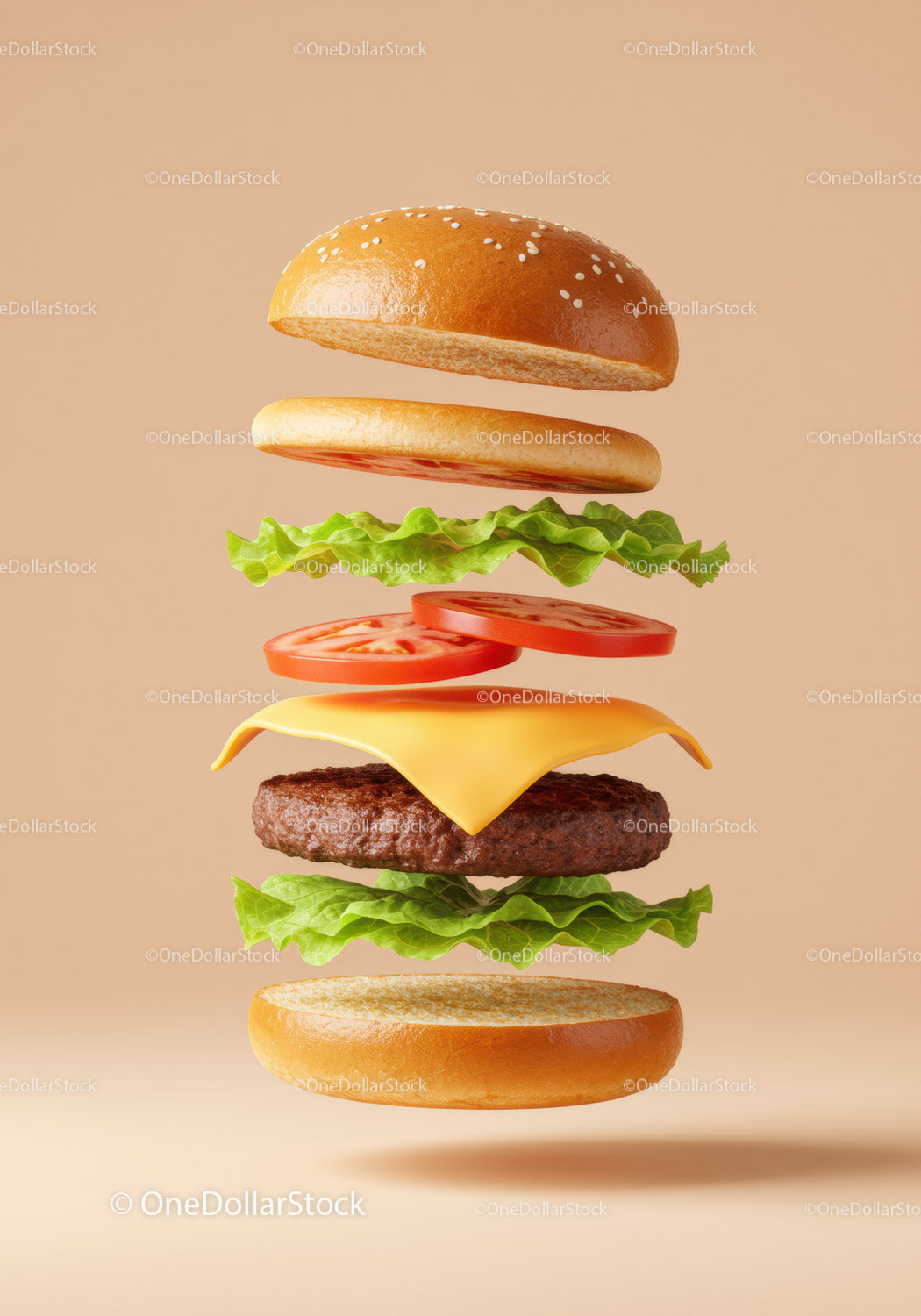 Deconstructed cheeseburger with fresh ingredients floating