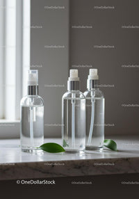 Clear Spray Bottles on Marble Surface with Green Leaves