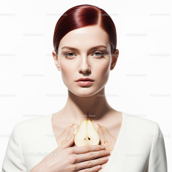 Elegant Woman with Pear and Red Hair in Studio Portrait