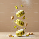 Pistachio macarons with powdered sugar and nuts floating