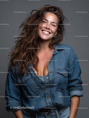 Smiling Woman in Blue Denim Shirt with Bright Joyful Expression