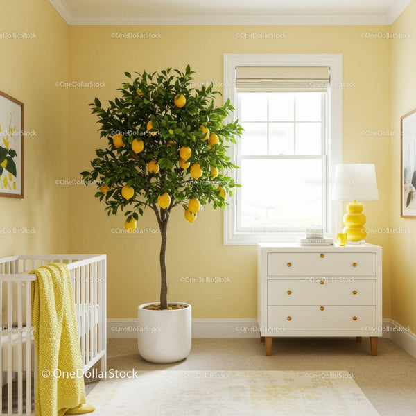 Indoor Lemon Tree in Bright Minimalist Nursery with White Dresser