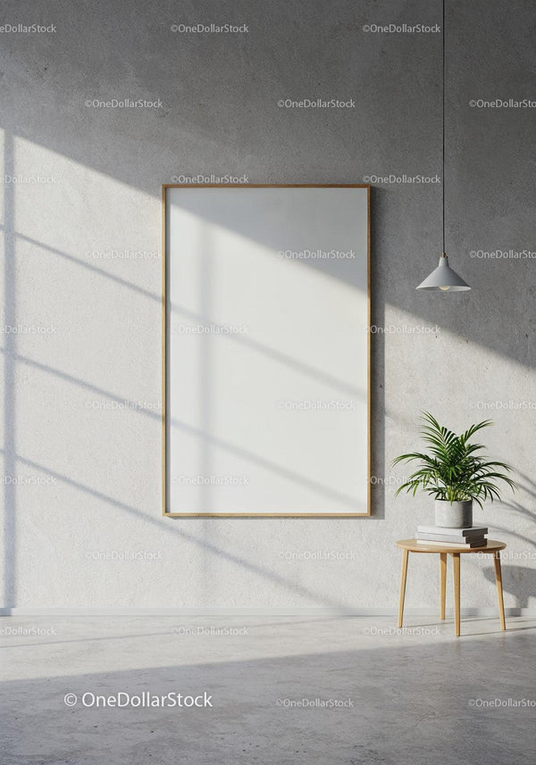 Minimalist room with blank frame and green plant decor JPG Mockup Image