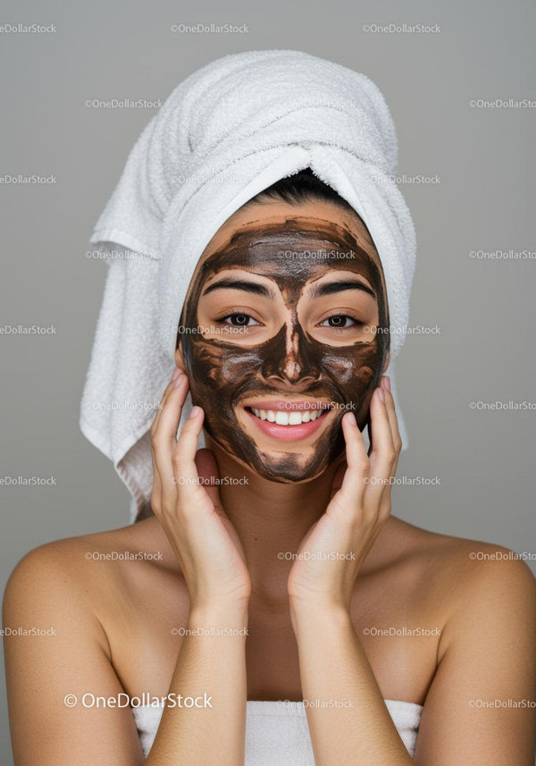 Młoda kobieta z maską na twarz i zawiniętym ręcznikiem w spa