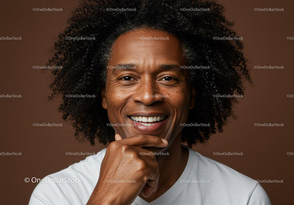 Portret uśmiechniętego mężczyzny z kręconymi włosami w jasnym studio