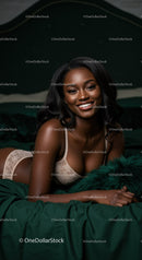 Smiling woman relaxing on bed in elegant lingerie