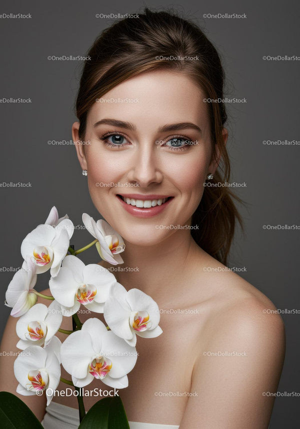 Beautiful Woman with White Orchid Flowers and Bright Smile
