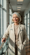 Senior Female Doctor in White Coat Standing in Hospital Corridor