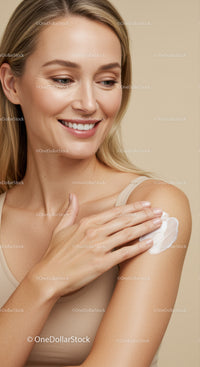 Elegant Woman Applying Moisturizer on Shoulder for Healthy Skin