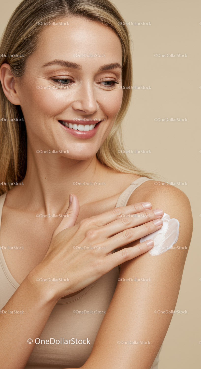 Elegant Woman Applying Moisturizer on Shoulder for Healthy Skin