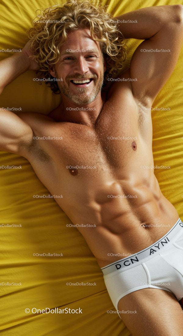 Smiling man with curly hair relaxing on yellow bed