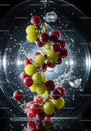 Fresh red and green grapes splashing in clear water