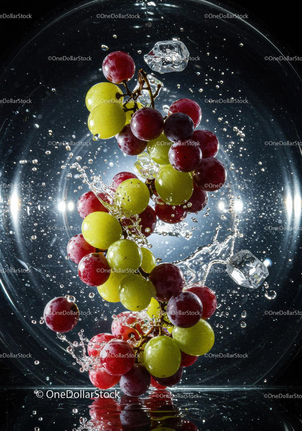 Fresh red and green grapes splashing in clear water