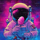 Colorful Astronaut Holding Ice Cream in Space with Galaxy Reflection