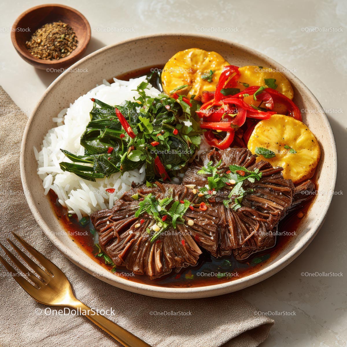 Savory Asian Dish with Rice, Vegetables, and Grilled Plantains