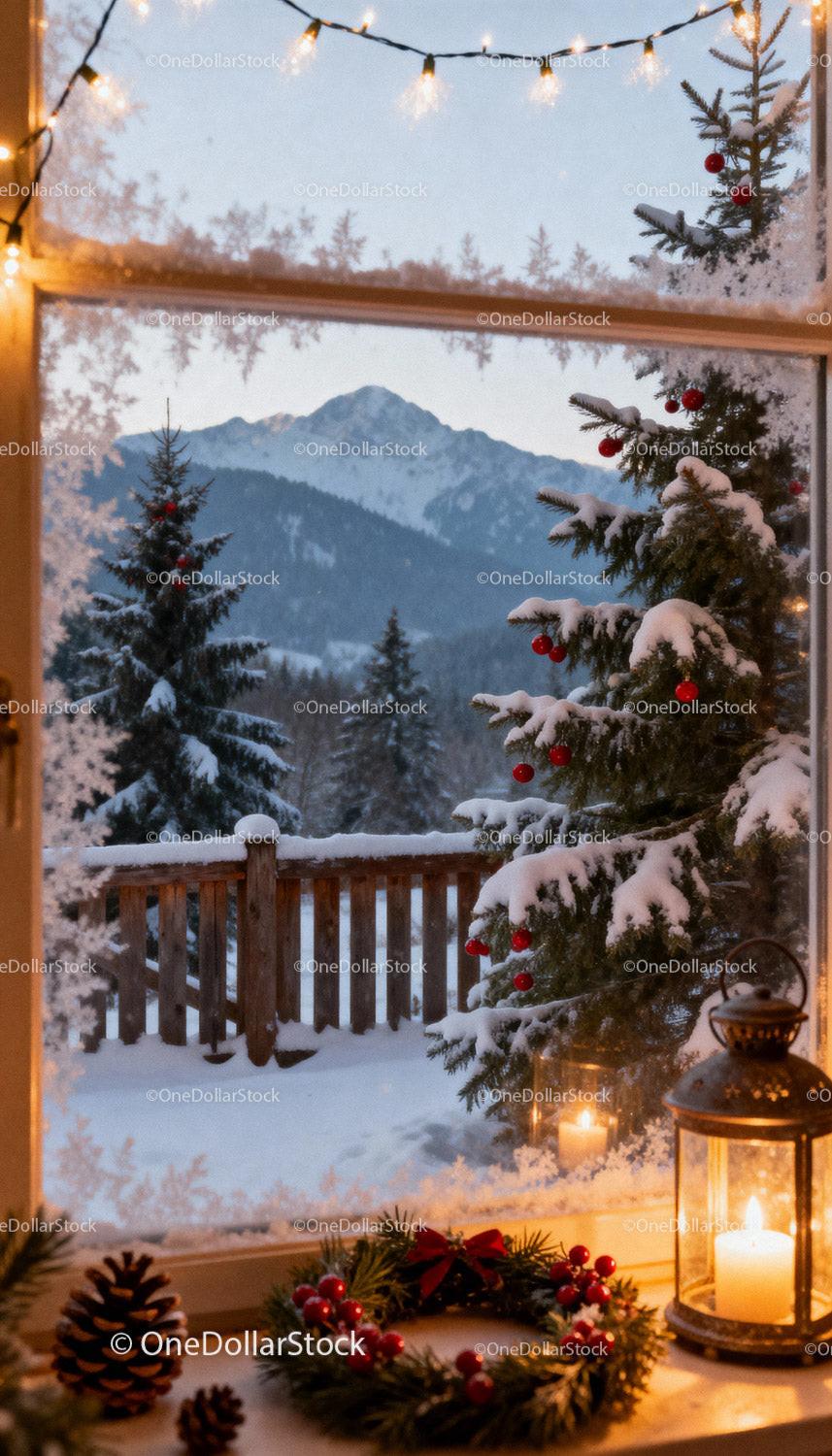 Cozy winter window view with snowy Christmas decorations