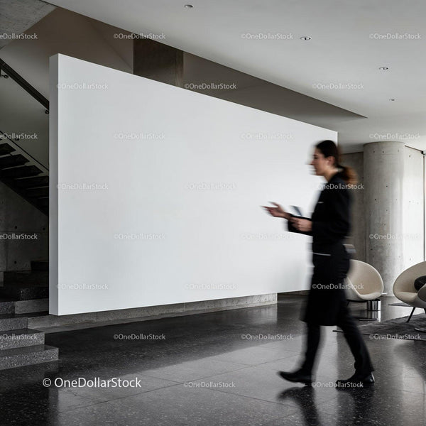 Blurred woman walking in modern minimalistic lobby JPG Mockup Image