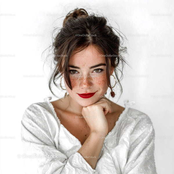 Freckled Woman with Red Lipstick Bright Eyes and Casual Style