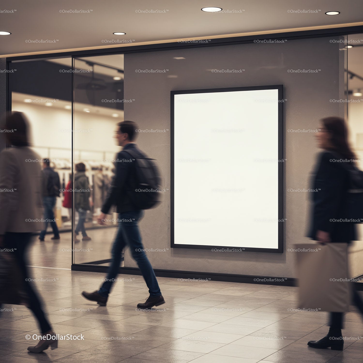 Busy mall corridor with blank advertising billboard