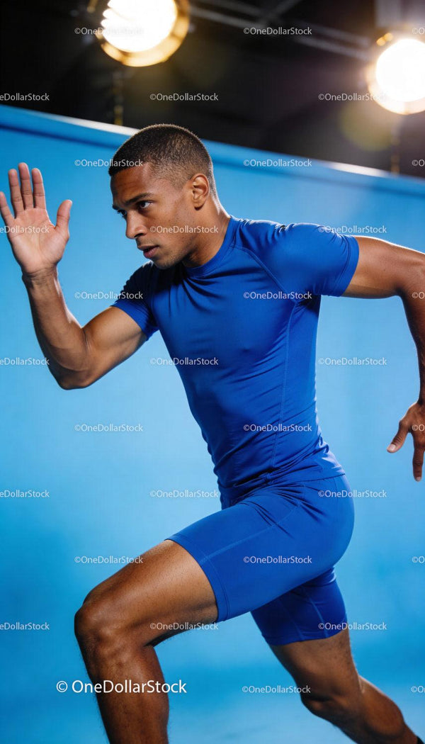 Focused male athlete sprinting in blue sportswear