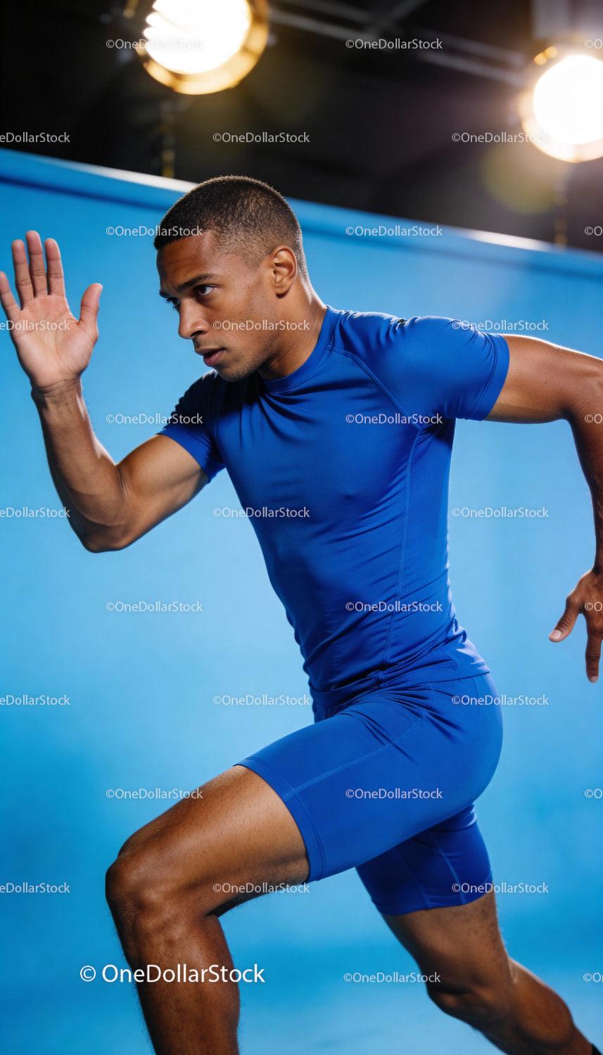 Focused male athlete sprinting in blue sportswear