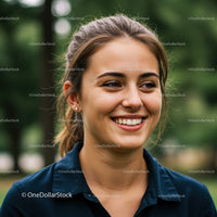 Joyful Woman in Park With Bright Smile and Natural Setting