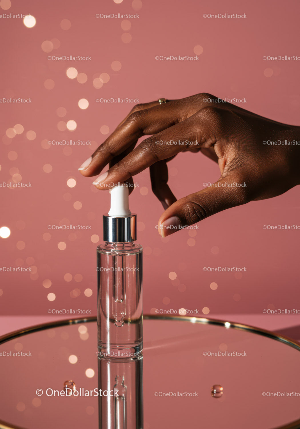Hand Holding Serum Dropper with Cosmetic Bottle on Pink Background