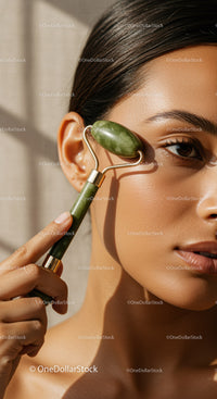 Woman Using Jade Roller for Facial Massage in Skincare Routine