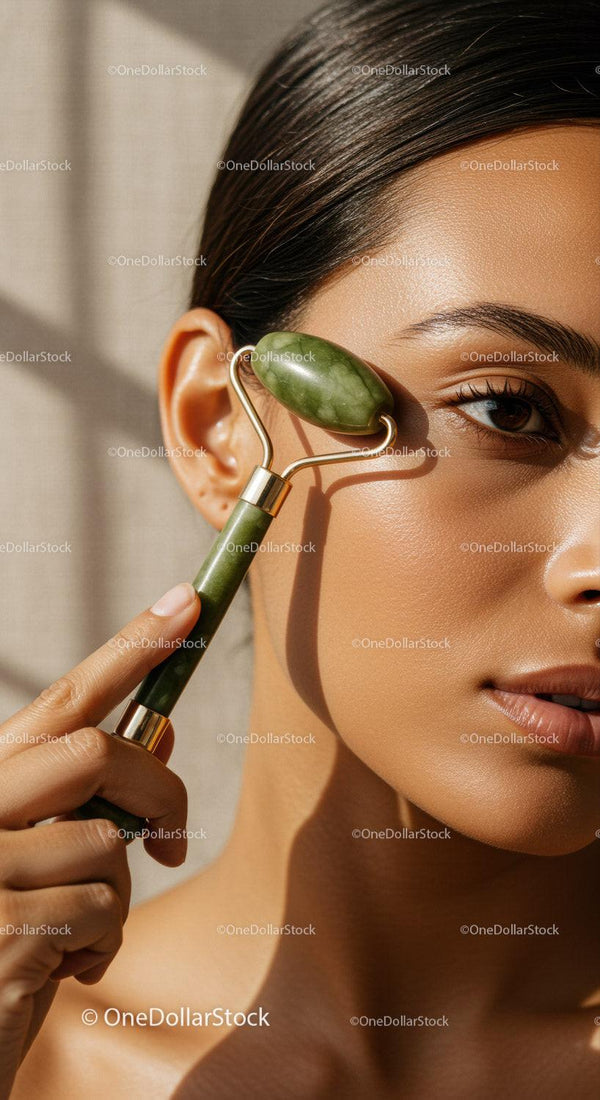 Woman Using Jade Roller for Facial Massage in Skincare Routine