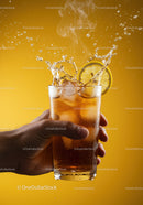 Refreshing iced tea splash with lemon slice