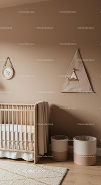 Modern Nursery Interior with Baby Crib and Wall Decorations